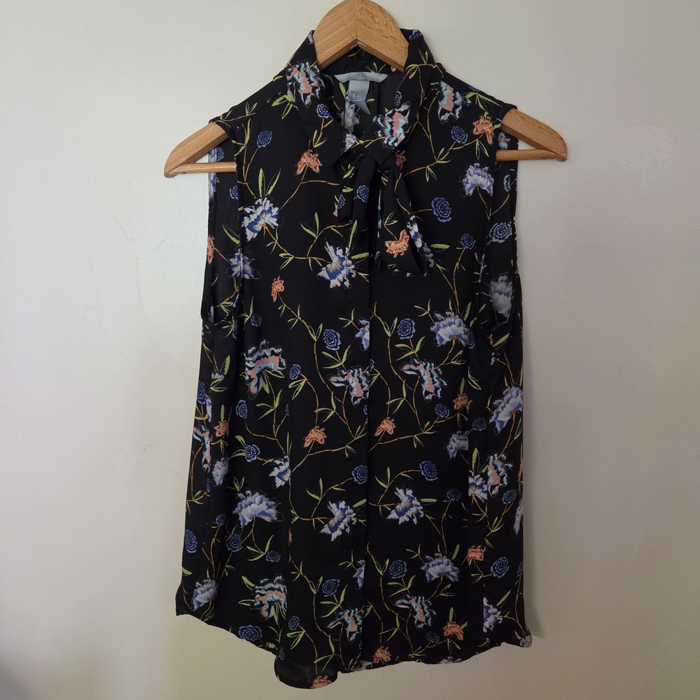 HM Dark Floral Sleeveless Tie Neck Blouse Black Floral Print 14 Office Siren